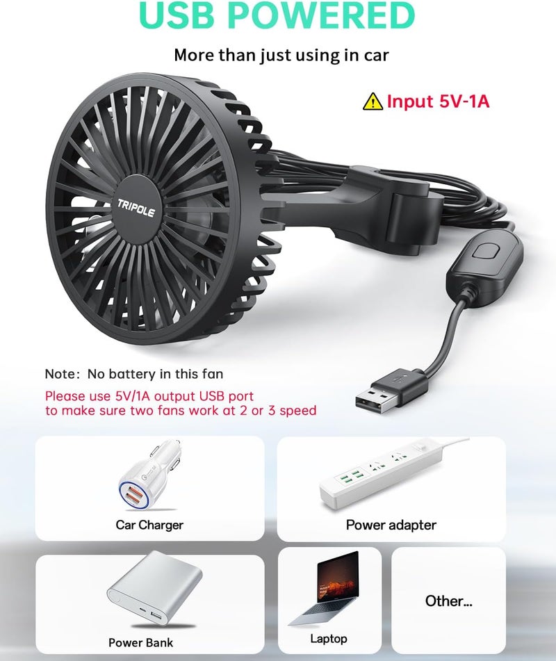 TriPole Car Fan for Rear Seat USB Powered Powerful 3 Speed 5V Fan with Adjustable Clip for Vehicles SUV RV - Image 4